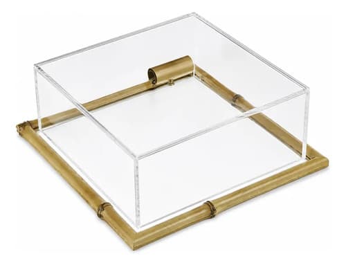 Bandeja Prancha De Bambu Com Vidro E Tampa Acrílico 27x27cm Bambu