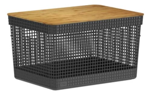 Cesto Organizador Grid Em Plástico Bege Tampa Bambu 20l Preto