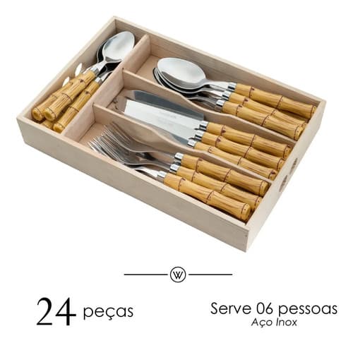 Faqueiro 24 Peças De Aço Inox Com Cabo De Plástico De Bambu Bambu
