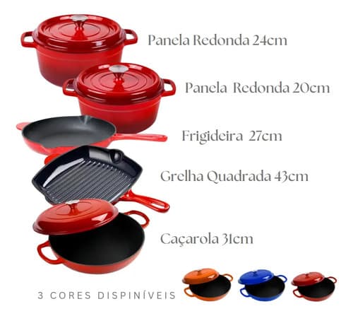 Frigideira Ferro Fundido Esmaltada Redonda 27cm Vermelho