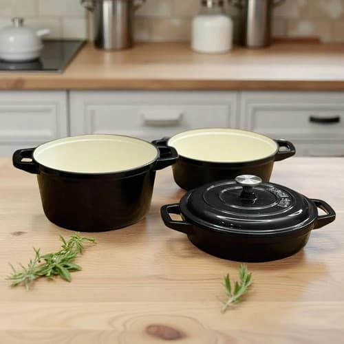Kit 3 Panelas Redonda Caçarola Ferro Fundido Esmaltada Preto