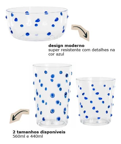 Kit Copos E Bowls Acrilico Bolhas 18 Pçs Azul Transparente Azul