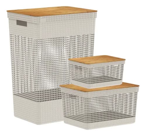 Kit 3 Cestos Roupa Grid Tampa Bambu Cor Bege Organização Bege