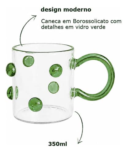 Kit 4 Canecas Borossolicato Alça Verde Detalhes Vidro Bolhas Verde Bolhas
