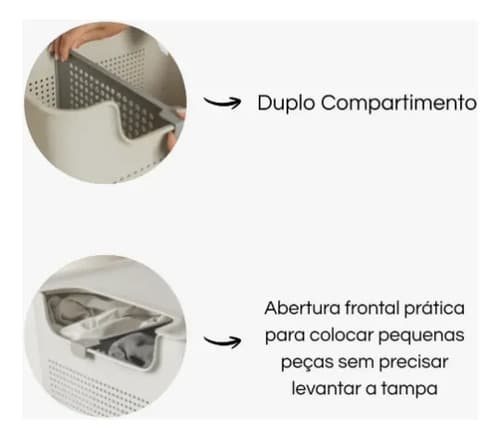 Cesto Roupa Duplo Compartimento 50l Divisória Lavanderia Ou Bege Calado