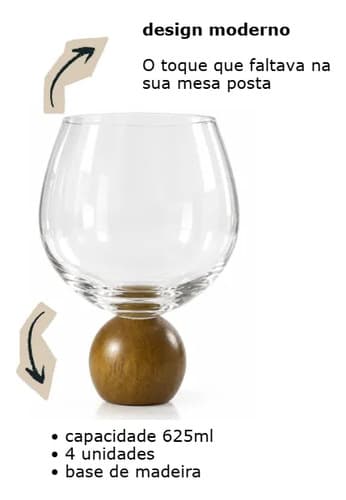 Kit 4 Taças Vinho/água Esfera Madeira 625ml Madeira