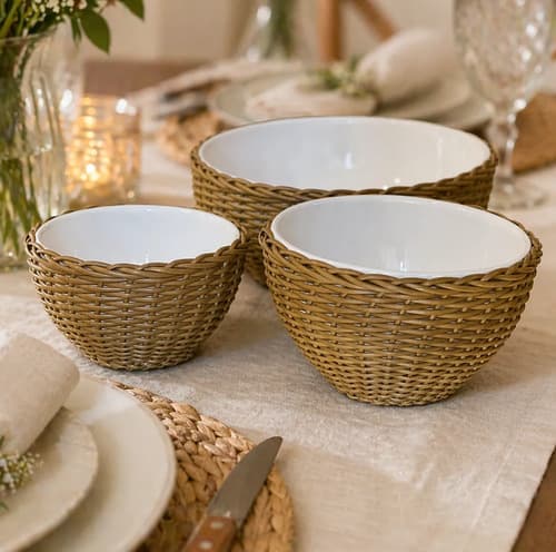 Kit Bowl Ceramica Vime 3 Peças Caramelo Para Servir Caramelo