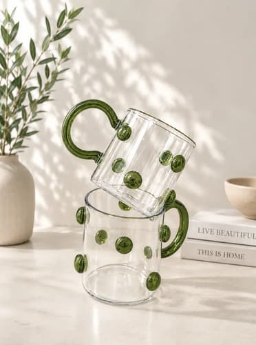 Kit 4 Canecas Borossolicato Alça Verde Detalhes Vidro Bolhas Verde Bolhas