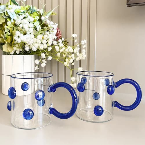 Kit 4 Canecas Borossolicato Alça Verde Detalhes Vidro Bolhas Azul Bolhas