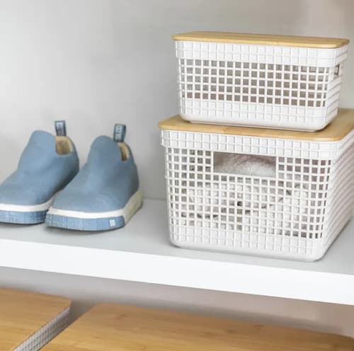Cesto Organizador Grid Em Plástico Bege Tampa Bambu 20l Branco
