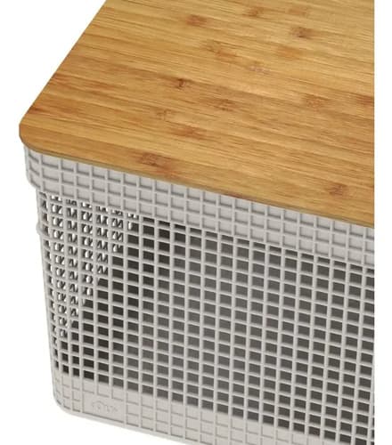 Cesto Organizador Grid Em Plástico Bege Tampa Bambu 20l Bege