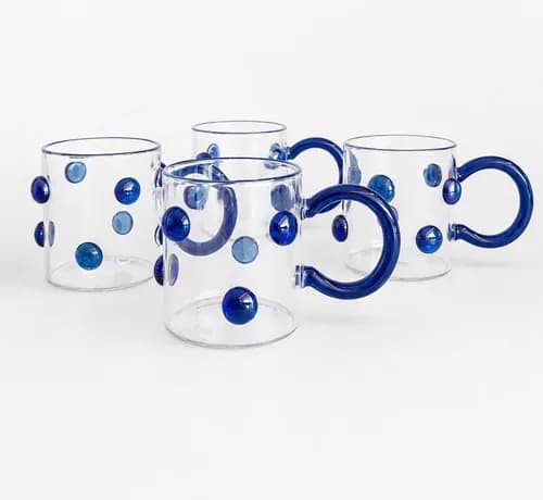 Kit 4 Canecas Borossolicato Alça Verde Detalhes Vidro Bolhas Azul Bolhas