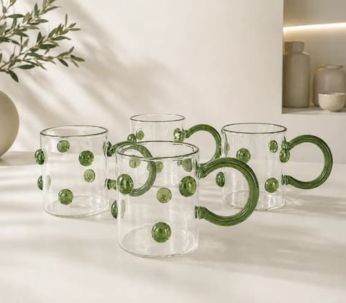Kit 4 Canecas Borossolicato Alça Verde Detalhes Vidro Bolhas Verde Bolhas