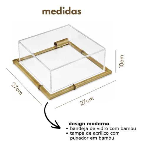 Kit Bandeja + Porta Frios + Porta Pães Bambu Vidro E Tampa Bambu