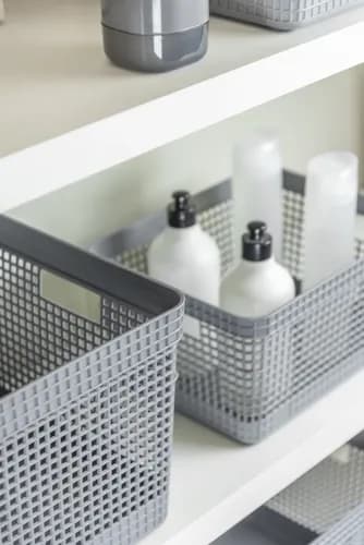 Cesto Organizador Grid Em Plástico Bege Tampa Bambu 20l Branco