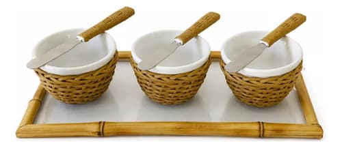 Kit Prancha Bambu E Vidro + 3 Petisqueiras + 3 Espátulas Caramelo