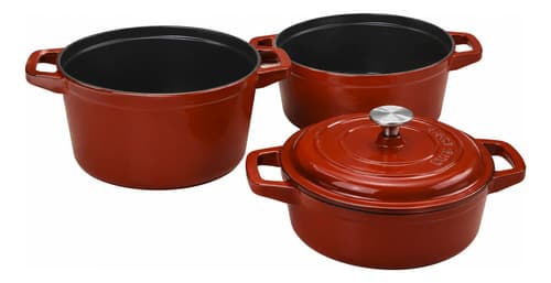 Kit 3 Panelas Redonda Caçarola Ferro Fundido Esmaltada Vermelho