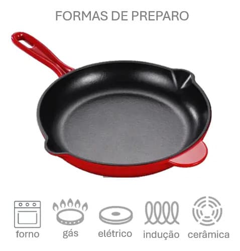 Frigideira Ferro Fundido Esmaltada Redonda 27cm Vermelho
