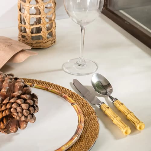 Faqueiro 24 Peças De Aço Inox Com Cabo De Plástico De Bambu Bambu