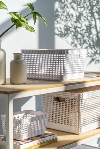 Cesto Organizador Grid Em Plástico Bege Tampa Bambu 20l Branco