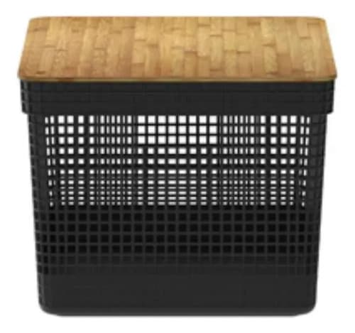 Cesto Organizador Grid Em Plástico Bege Tampa Bambu 20l Preto