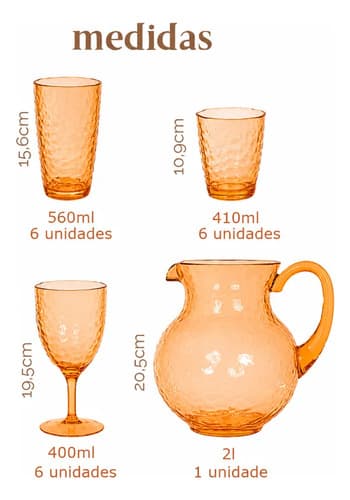 Jogo Jarra, Taça E Copos 19pçs Acrílico Martelado Laranja