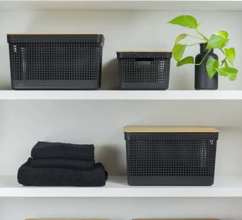 Cesto Organizador Grid Em Plástico Bege Tampa Bambu 20l Preto