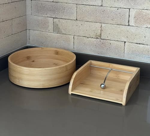 Kit Porta Guardanapo Bambu + Porta Tempero Giratório Bambu Madeira