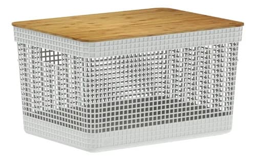 Cesto Organizador Grid Em Plástico Bege Tampa Bambu 20l Branco