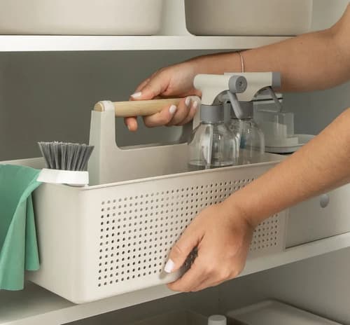 Kit Lavanderia Organização 3 Pç Cesto Borrifador + Escova Ou Bege