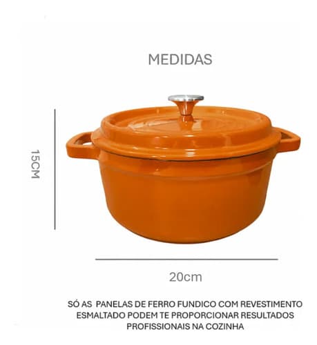 Panela Caçarola Ferro Fundido Esmaltada Redonda 20cm Laranja