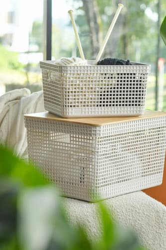 Kit 3 Cestos Roupa Grid Tampa Bambu Cor Bege Organização Bege