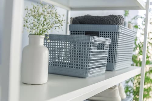 Cesto Organizador Grid Em Plástico Bege Tampa Bambu 20l Preto