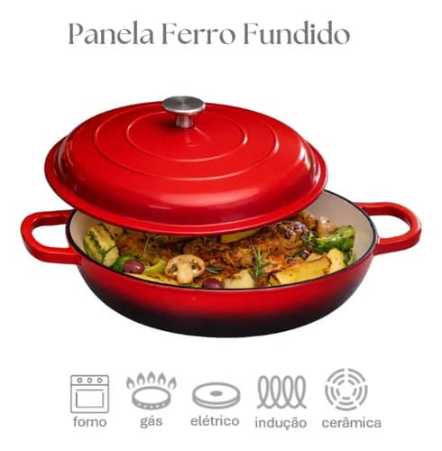 Panela Caçarola Ferro Fundido Esmaltada 26cm Com Tampa Vermelho