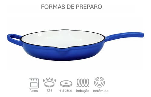 Frigideira Ferro Fundido Esmaltada Fundo Branco Azul