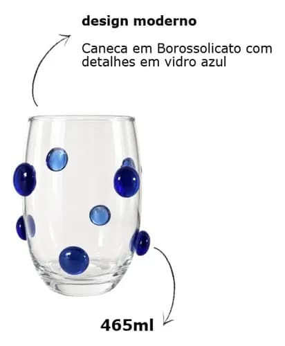 Kit 4 Copos Vidro Bolhas 450ml Linha Flow Azul