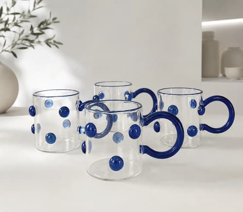 Kit 4 Canecas Borossolicato Alça Verde Detalhes Vidro Bolhas Azul Bolhas