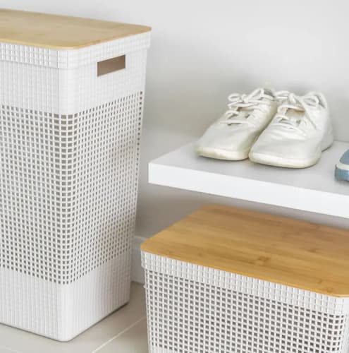 Cesto Roupas Grid 49l Tampa Bambu Branco