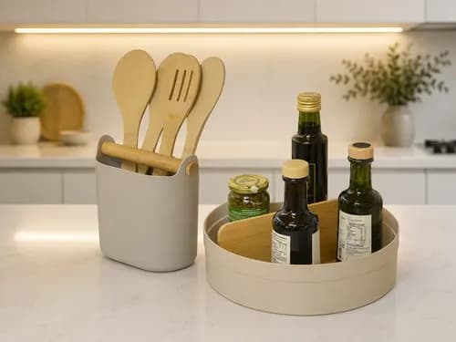 Kit Porta Tempero Giratório Divisória+ Porta Utensílios Lume Bege