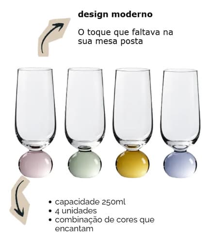 Kit 4 Taças Para Champanhe Vibrance 250ml Coloridas Colorido