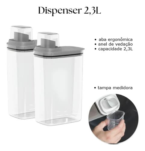 Kit 2 Dispenser Organizador Lavanderia Copo Medidor 2,3l Cinza