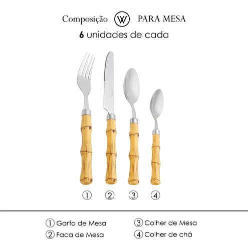 Faqueiro 24 Peças De Aço Inox Com Cabo De Plástico De Bambu Bambu
