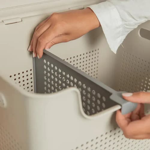 Cesto Roupa Duplo Compartimento 50l Divisória Lavanderia Ou Bege Calado