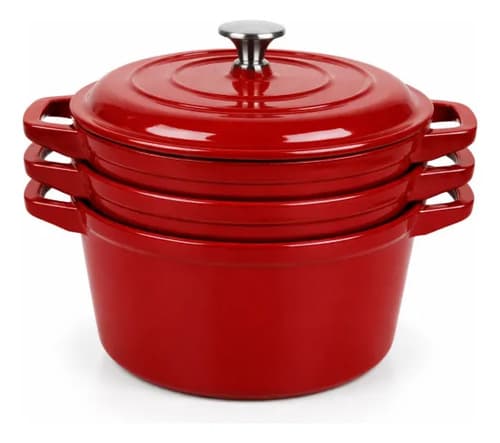 Kit 3 Panelas Redonda Caçarola Ferro Fundido Esmaltada Vermelho