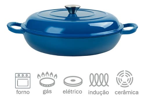 Panela Caçarola Redonda Ferro Fundido Esmaltada Com Tampa Azul
