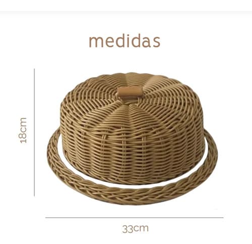 Porta Bolo Vime 33cm Com Tampa Prato Em Acrílico E Espátula Marrom-claro