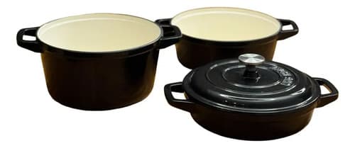 Kit 3 Panelas Redonda Caçarola Ferro Fundido Esmaltada Preto