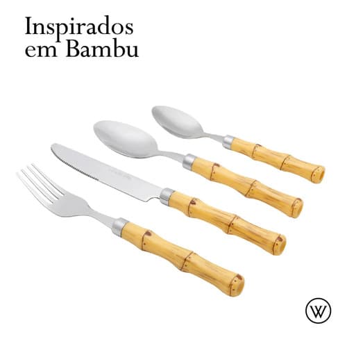 Faqueiro 24 Peças De Aço Inox Com Cabo De Plástico De Bambu Bambu