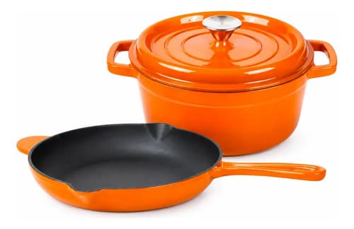 Kit Panela 24cm + Frigideira 27cm Ferro Fundido Esmaltado Laranja