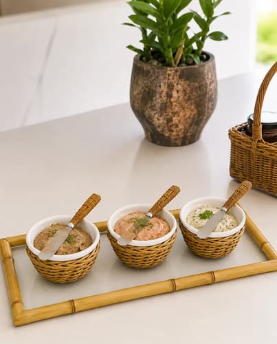 Kit Prancha Bambu E Vidro + 3 Petisqueiras + 3 Espátulas Caramelo